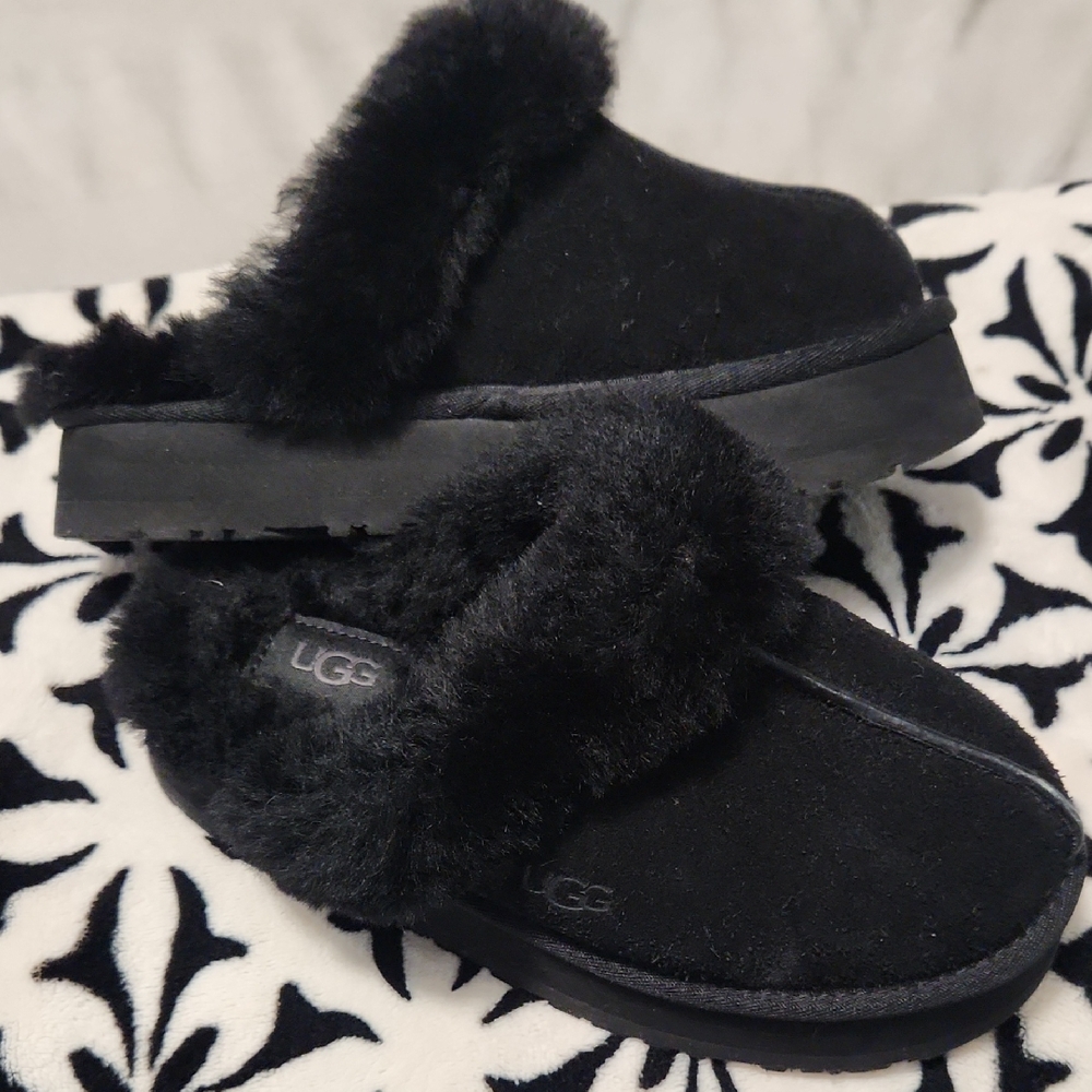 UGG Black Suede Fuzzy Slippers